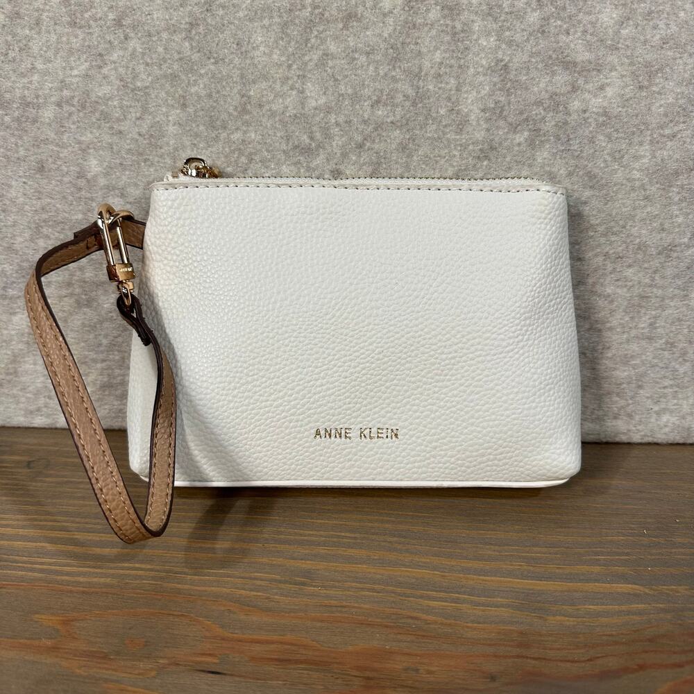 Anne Klein 2 pc - White Pebbled Wristlet Purse with Gold Accents + card holder